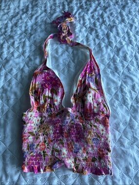 Girls Pink Floral Halter Smocked Crop Top